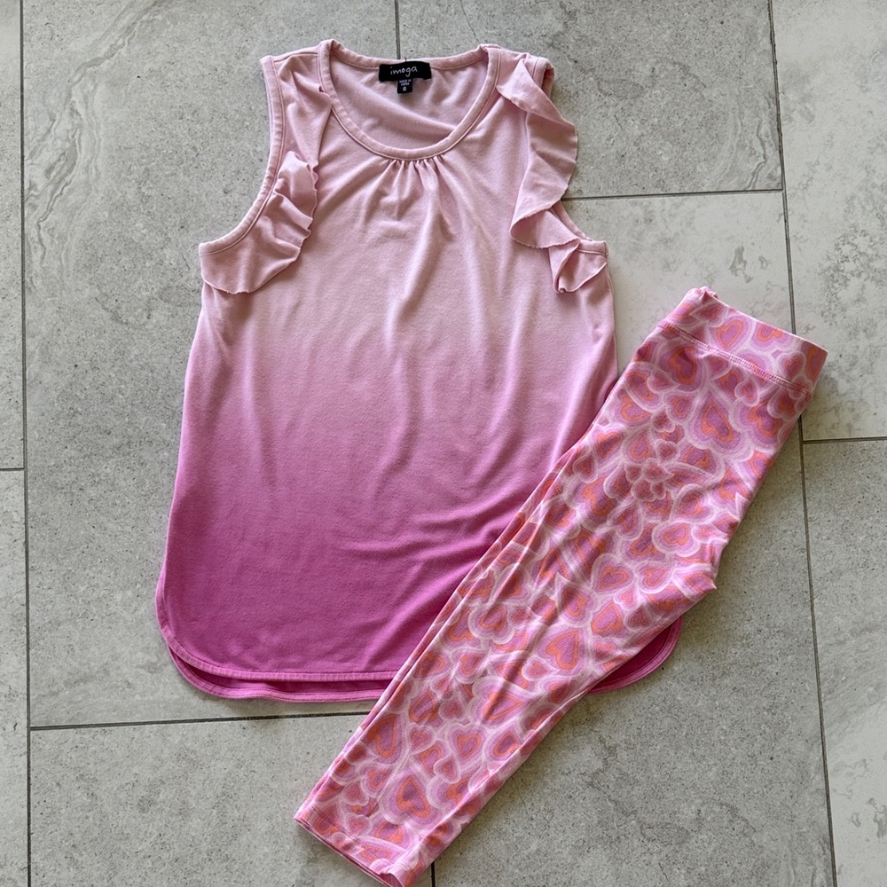Imoga Girls Pink Ombre Ruffle Tank & Heart Print Leggings Set sz 6 - Picture 2 of 11